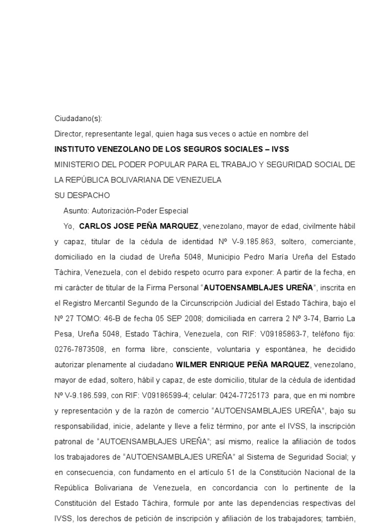 Autorización-poder especial para gestión ante el IVSS