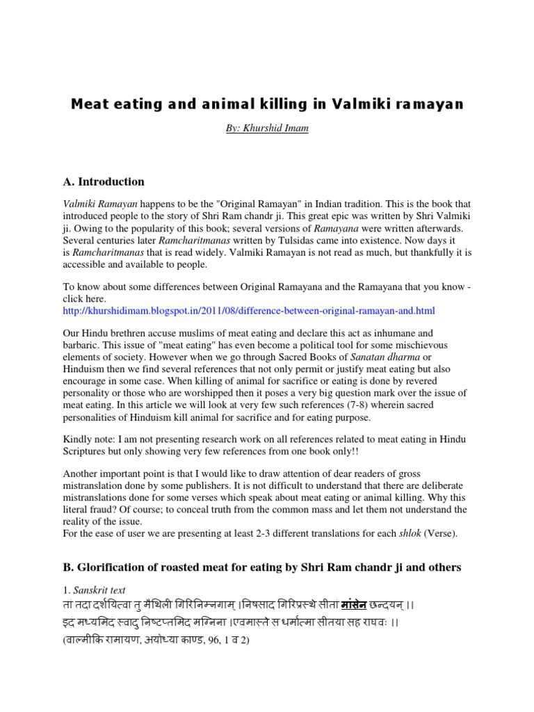 Meat Eating and Animal Killing in Valmiki Ramayan and The Literary
