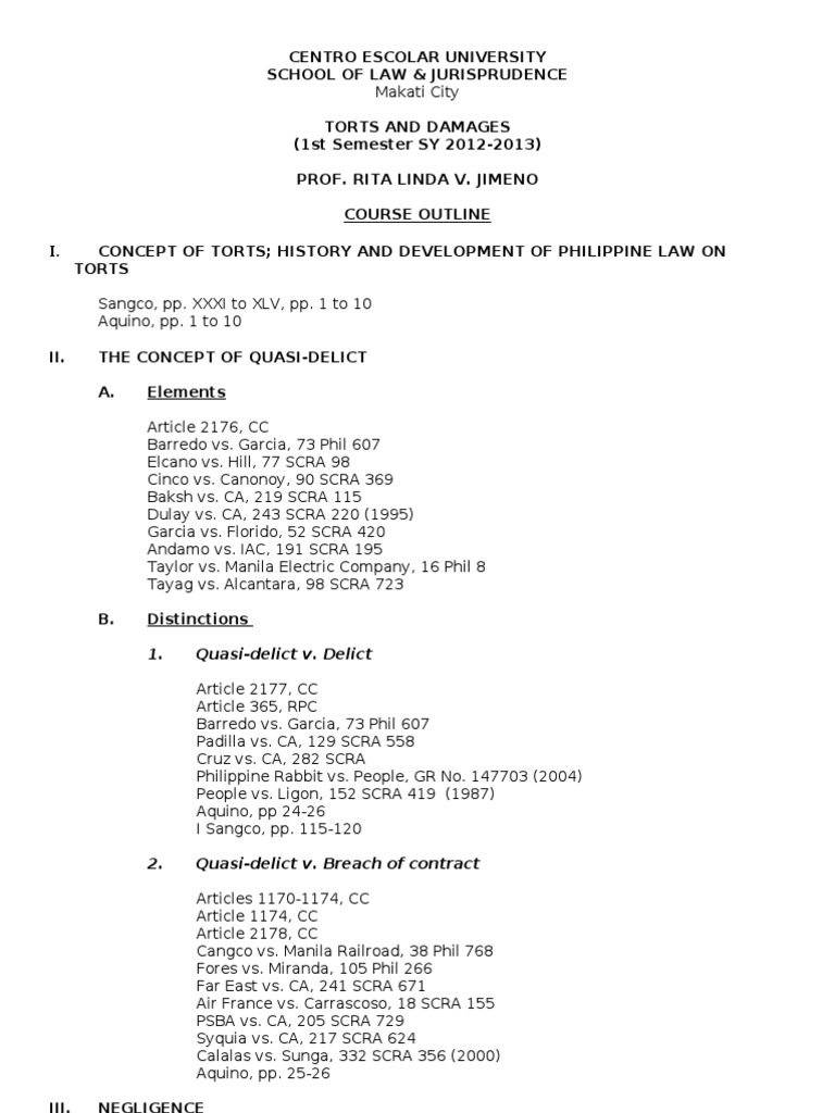 Torts and Damages Course Outline | PDF | Negligence | Comparative Law