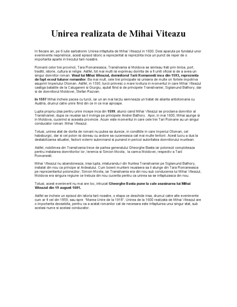 Unirea Realizata De Mihai Viteazu