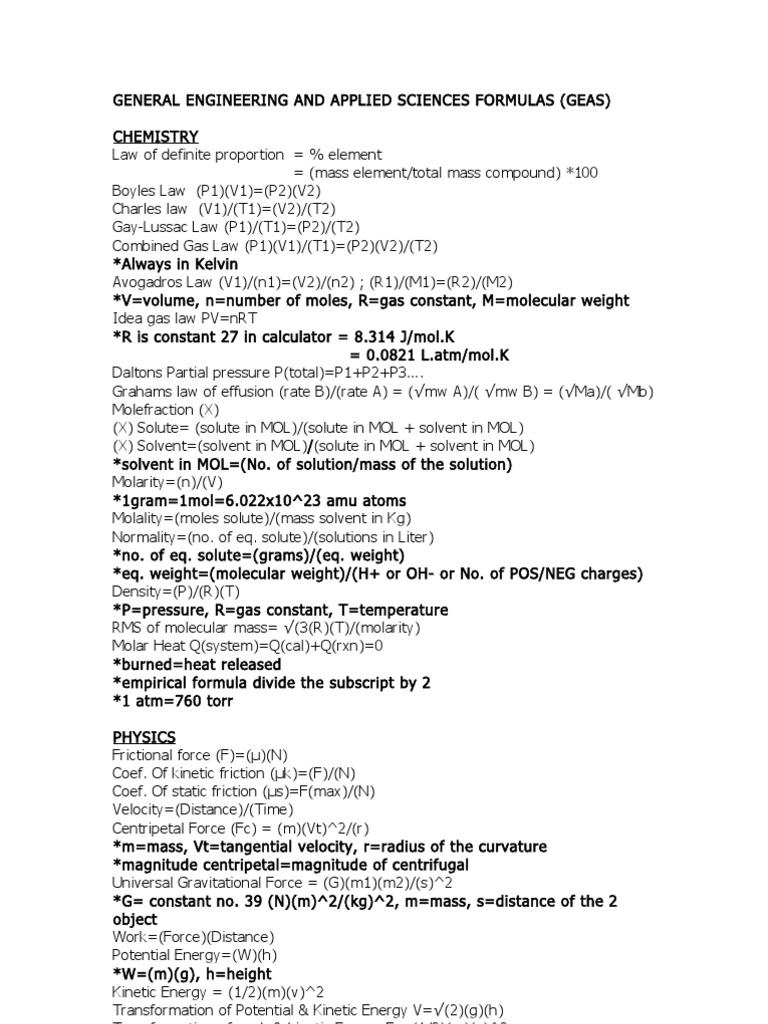 GEAS: Key Formulas Overview | PDF | Mole (Unit) | Lens (Optics)