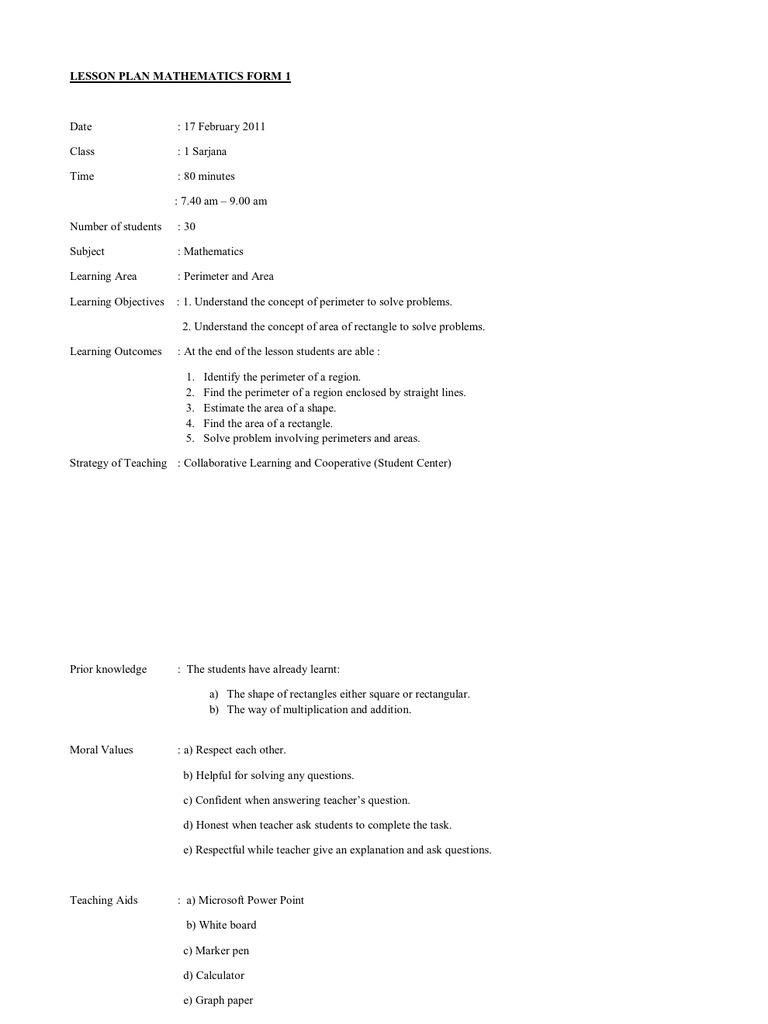 Lesson Plan Mathematics Form 1 Edu | PDF | Teachers | Teaching Method
