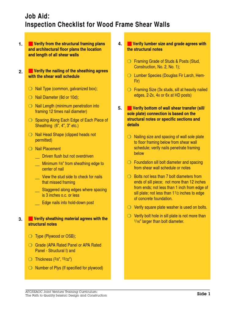 Jobaid1 Inspection Checklist For Wood Frame Shear Walls PDF Framing