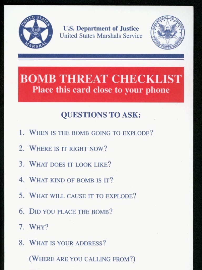 U.S. Marshals Service Bomb Threat Checklist PDF