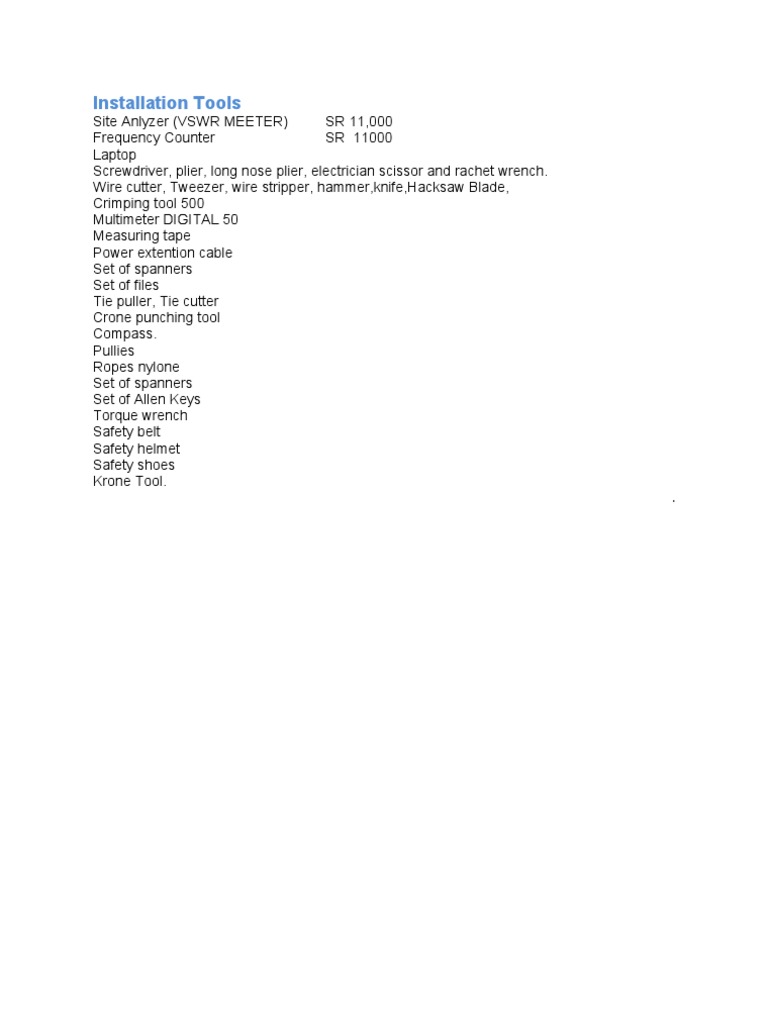 Installation Tools and Equipment List | PDF | Technology & Engineering