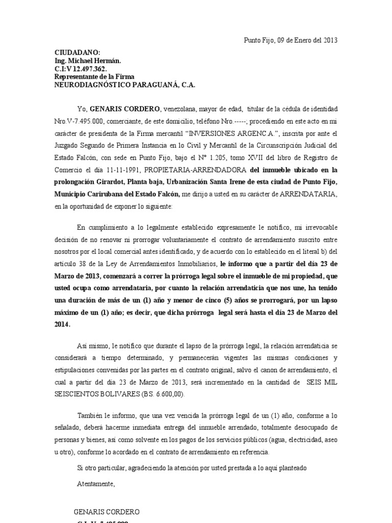 Carta Notificando No Prorroga Contrato Arrendamiento