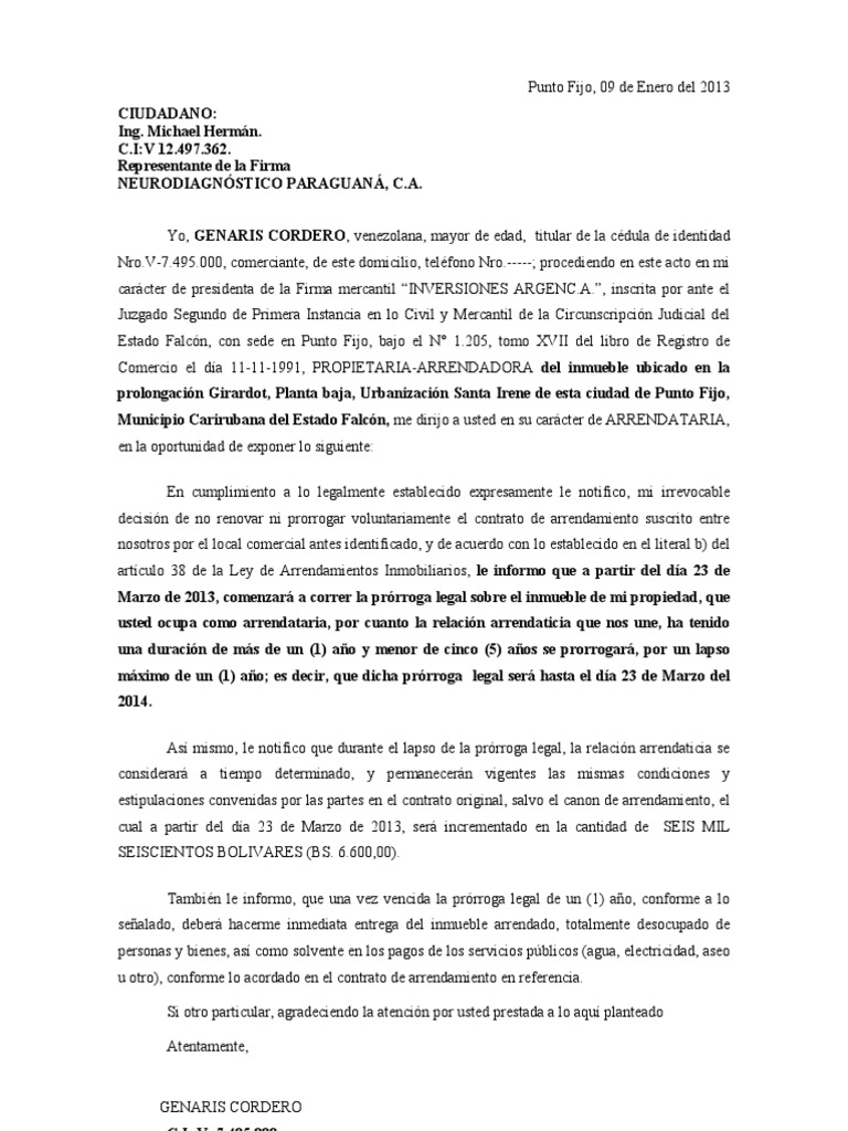 Carta Notificando No Prorroga Contrato Arrendamiento