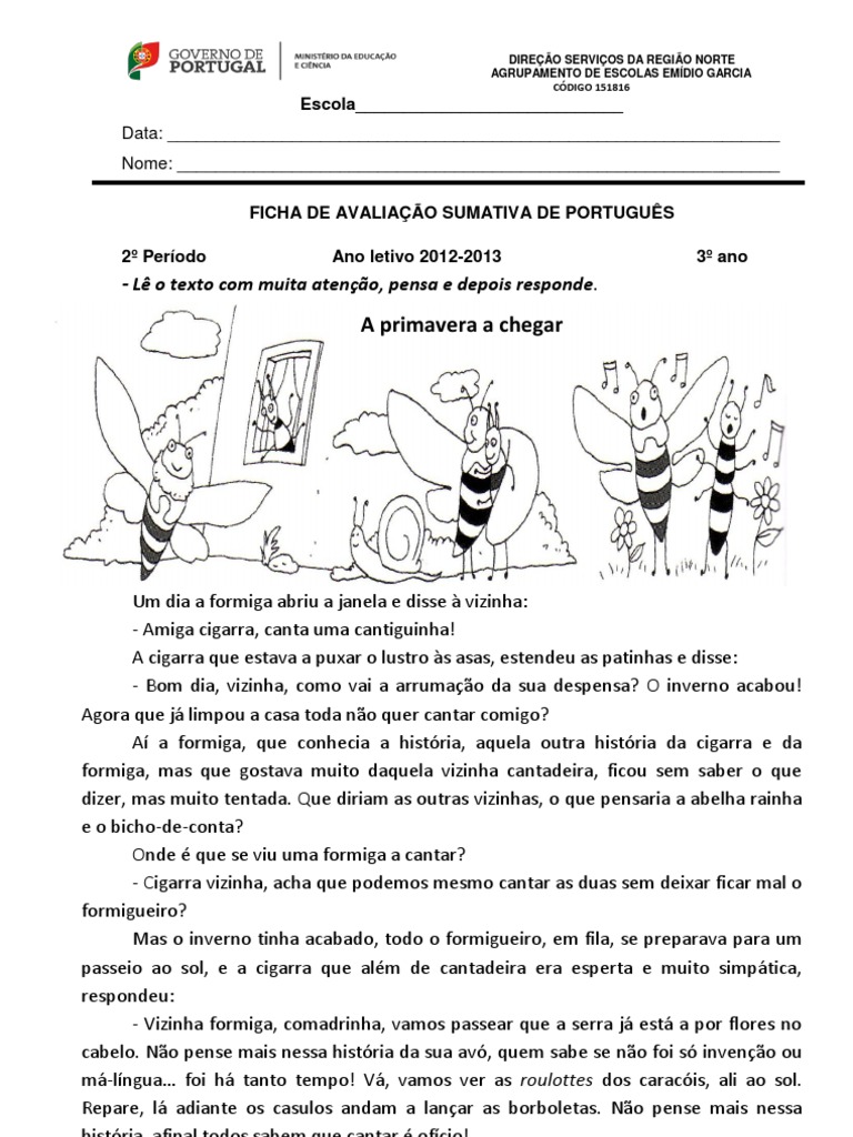 Ficha de Avaliação de Português - 3º Ano | PDF | Pronome | Formiga