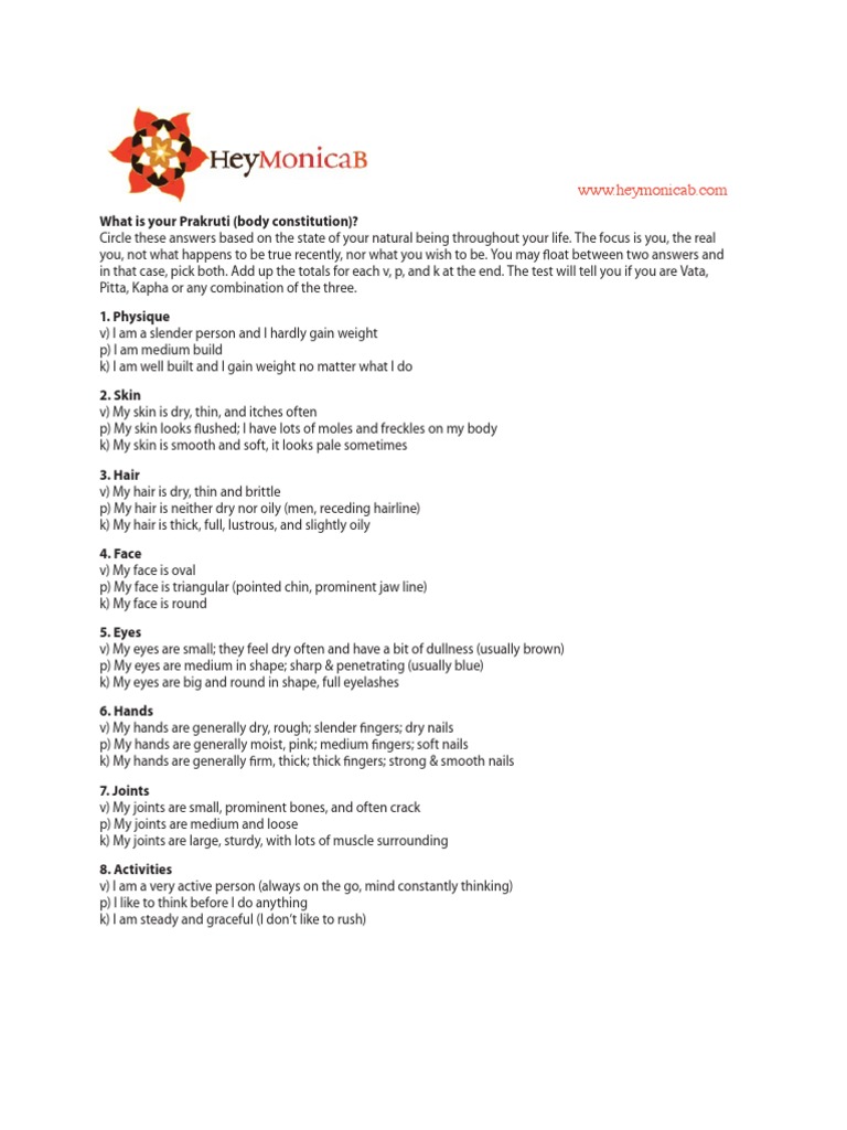 Dosha Test (Ayurvedic Concept) PDF Hand Face