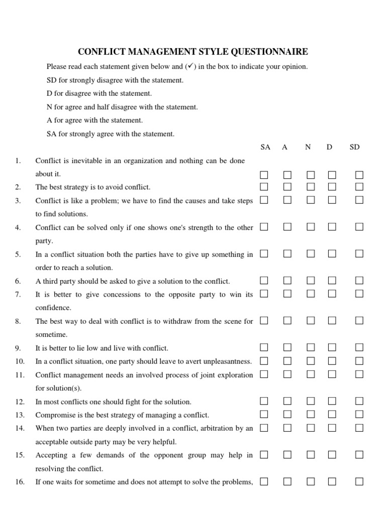 Conflict Management Style Questionnaire Conflict (Process