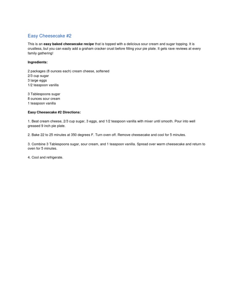 Easy Baked Cheesecake Recipe | PDF | Cooking, Food & Wine | Home & Garden