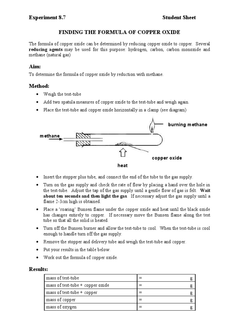 Expt 8.7 Finding the Formula of Copper Oxide Oxide Copper