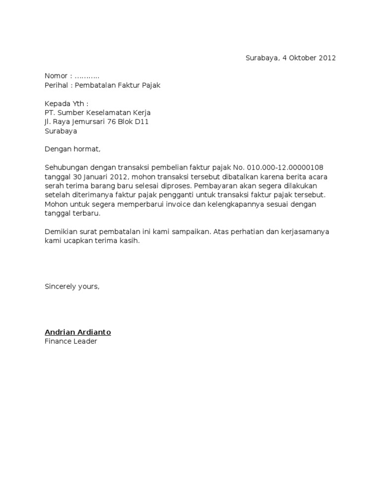 Contoh Surat Pemberitahuan Pembayaran