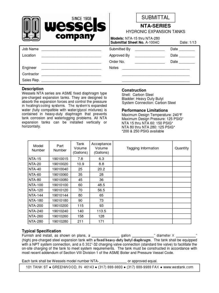 Wessels NTA Series Expansion Tanks Guide | PDF