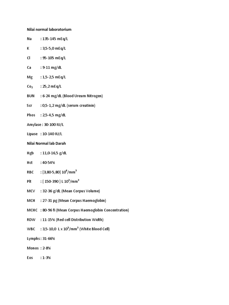 Normal Laboratory Values Overview | PDF