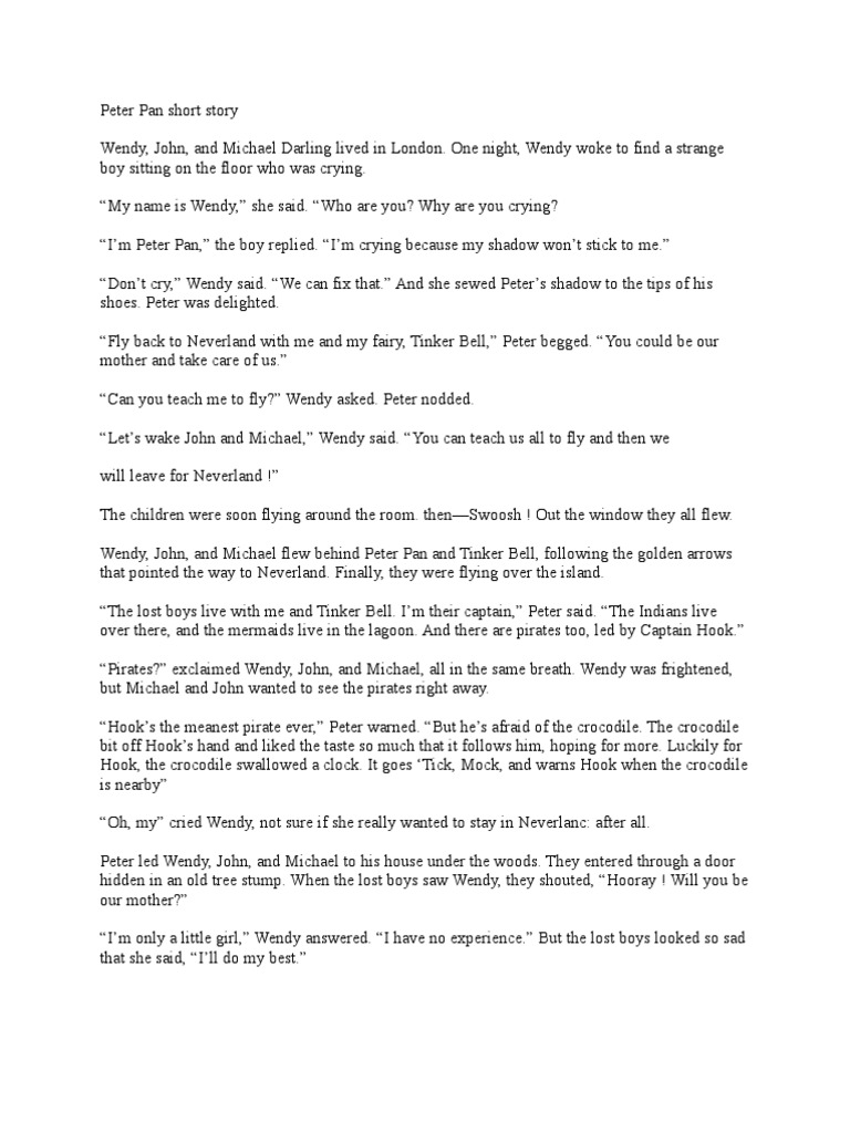 Peter Pan Short Story | Wendy Darling | Peter Pan