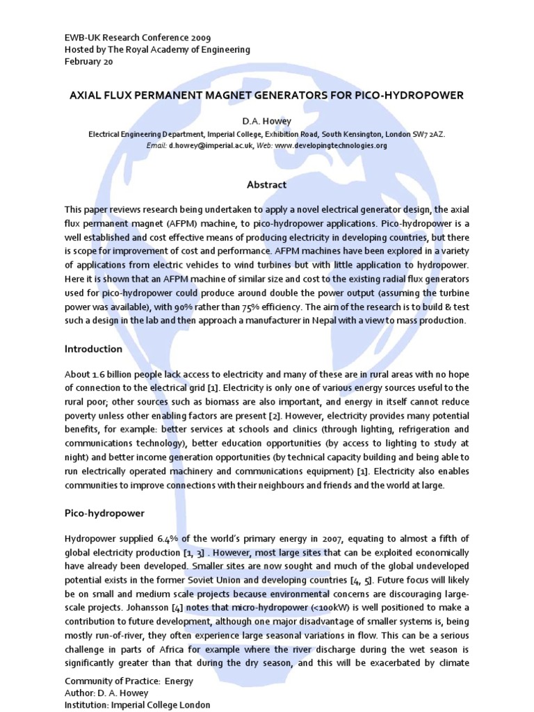 Axial Flux Permanent Magnet Generators For Pico Hydropower Pdf