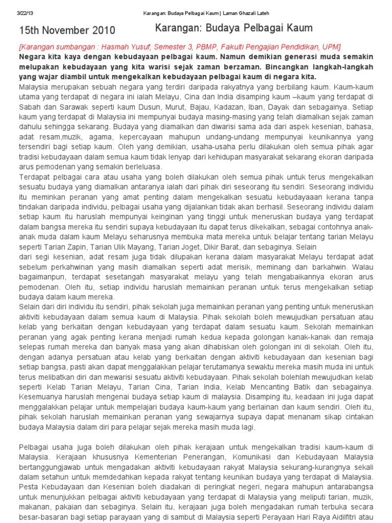 Karangan Budaya Pelbagai Kaum Laman Ghazali Lateh Pdf