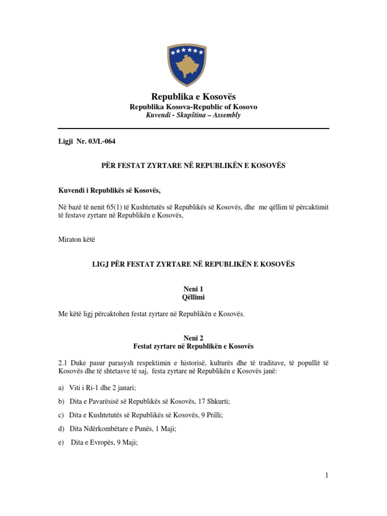 Ligji Per Festat e Zyrtare Ne Republiken e Kosoves PDF