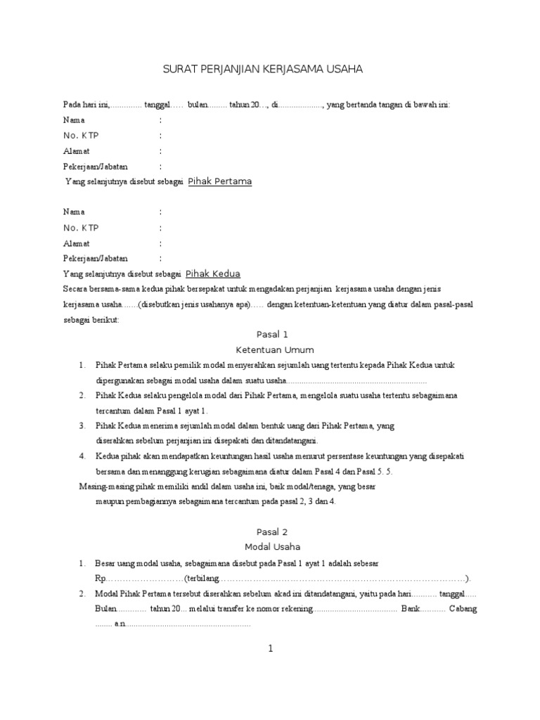 Contoh surat perjanjian investasi