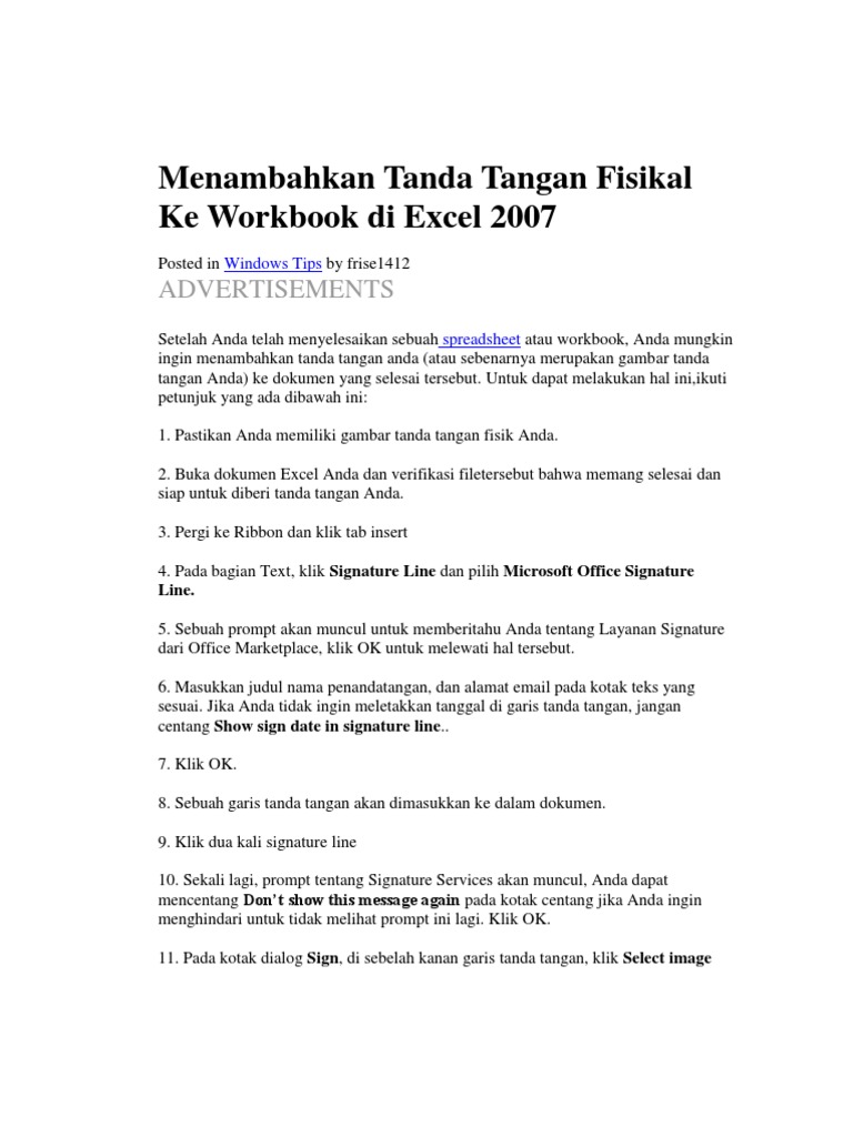 Menambahkan Tanda Tangan Fisikal Ke Workbook Di Excel 2007