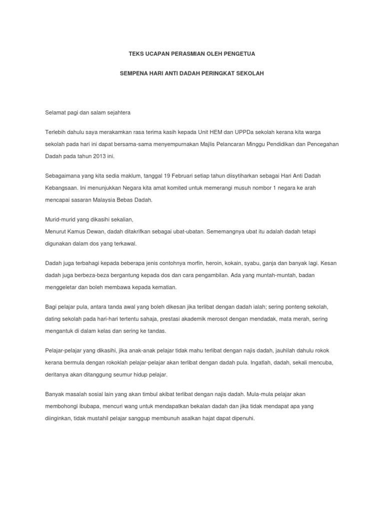 Teks Ucapan Pengetua Sempena Hari Anti Dadah Sekolah  PDF