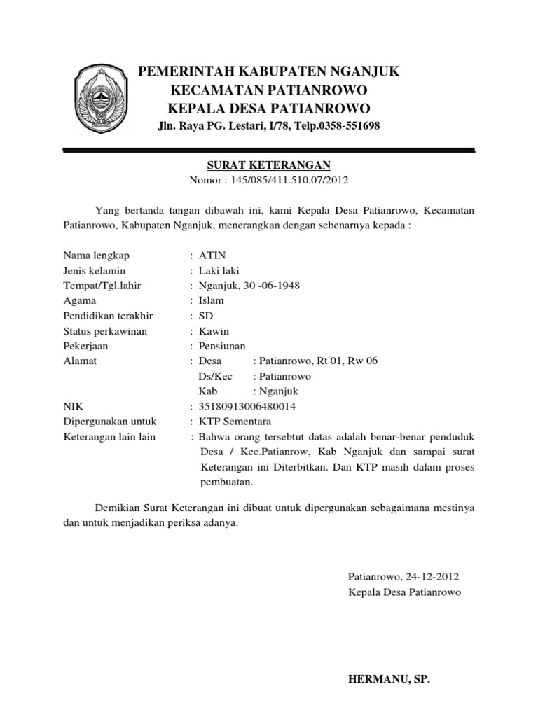 Surat Pembuatan Ktp Sementara Desa