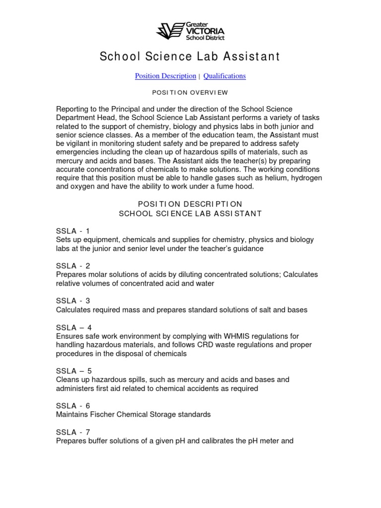 School Science Lab Assistant PDF Laboratories Ph