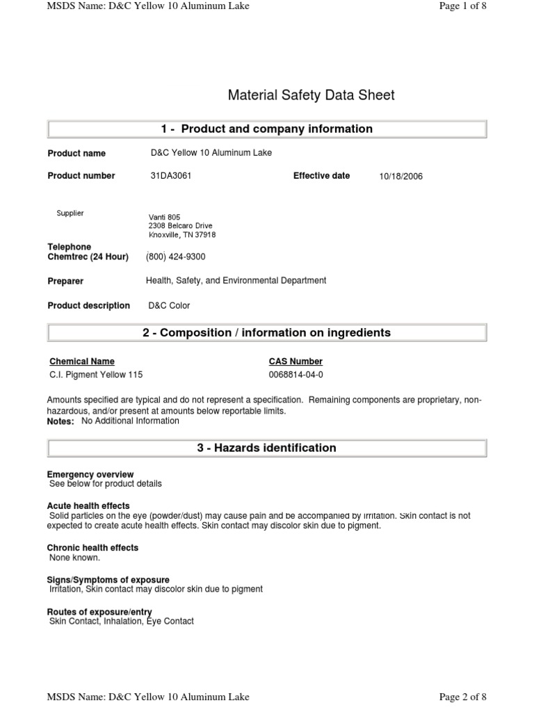 MSDS Yellow No 010 Aluminum Lake-7 | PDF | Safety | Chemistry