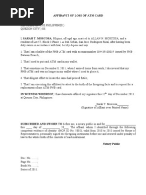 Affidavit of Loss of Atm Card