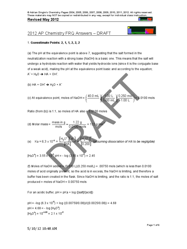 2012 AP Chemistry FRQ Answers DRAFT Revised May 2012 PDF 