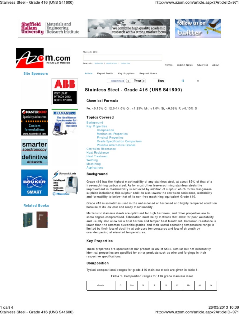 A583 - Stainless Steel - Grade 416 (UNS S41600) | PDF | Heat Treating ...