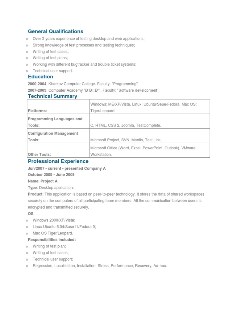 QA Software Testing CV Formats | PDF | Microsoft Windows | Software Testing