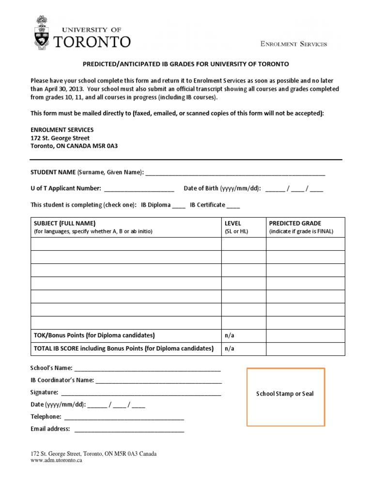 U of T IB Predicted Grades Form | PDF | Qualifications | Educational ...