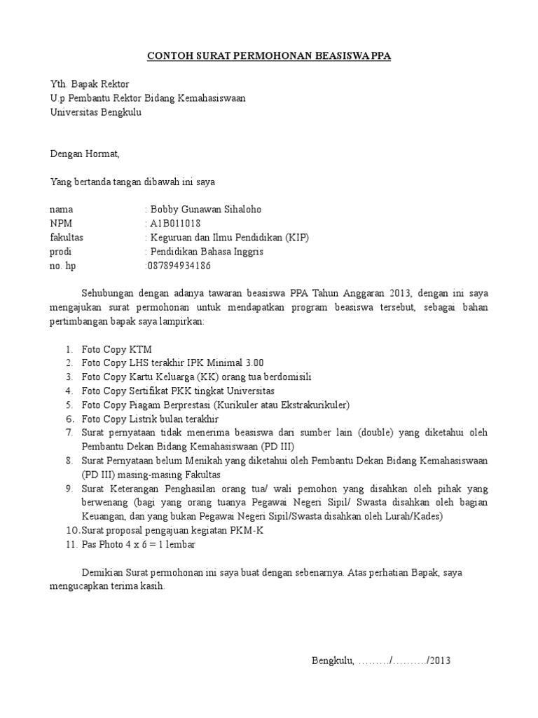 Contoh Surat Permohonan Beasiswa Ppa Bobby