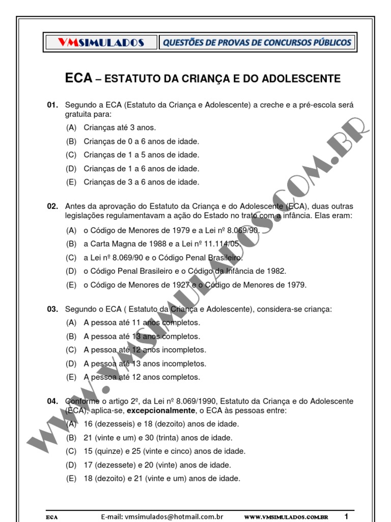 Questões sobre o ECA para Simulados | PDF | Adolescência | Pré-escola