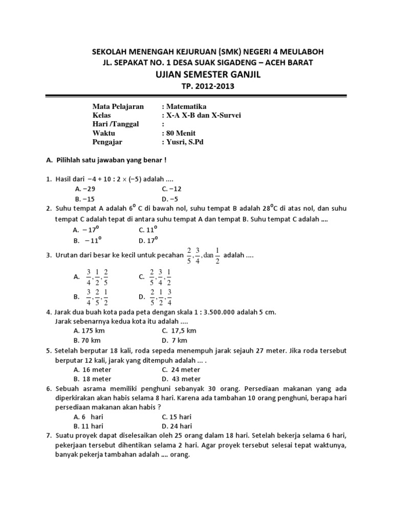 03 Soal Matematika Kelas Xa Xb Dan X Survey