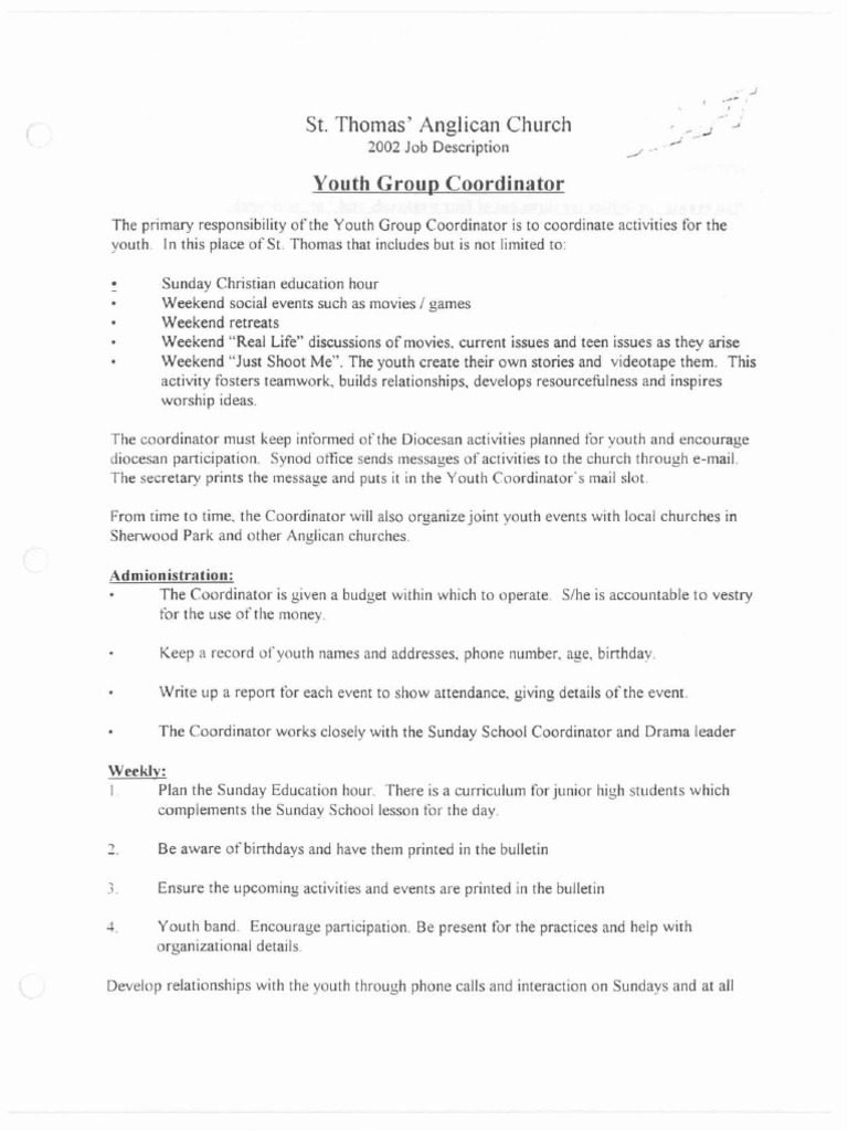 Youth Group Coordinator Job Description PDF