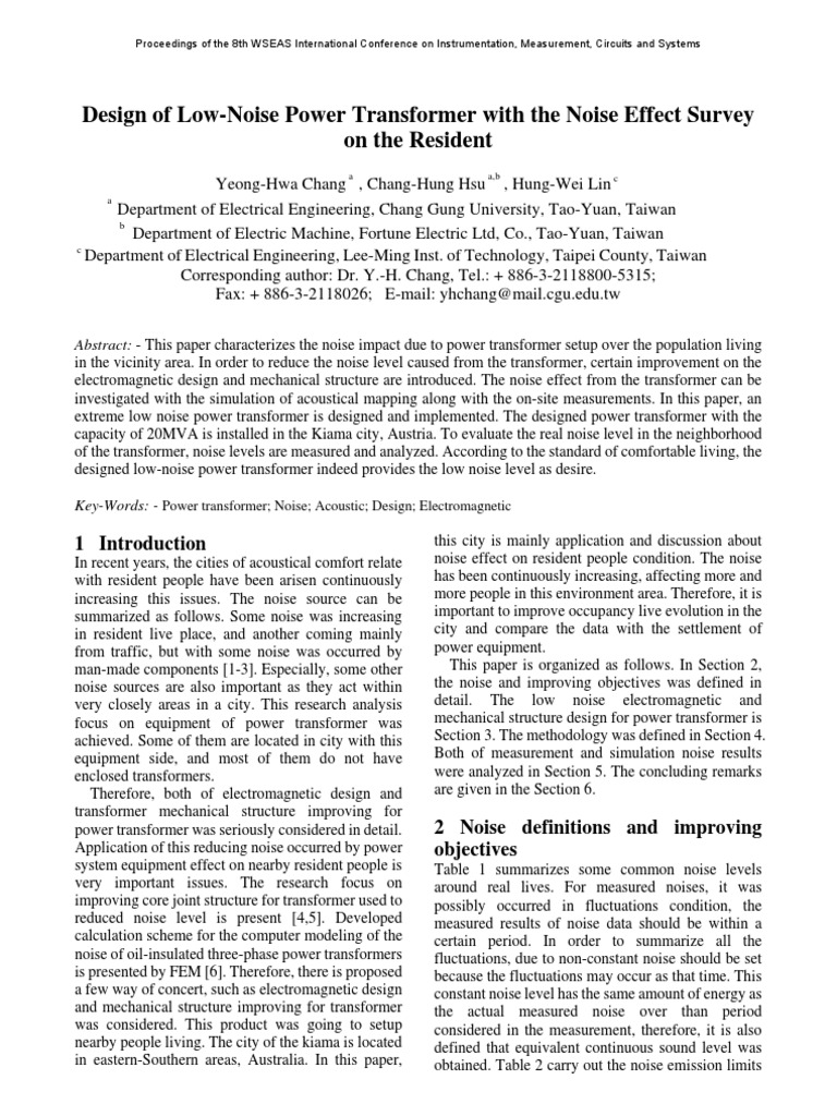 Design of LowNoise Power Transformer With The Noise Effect Survey