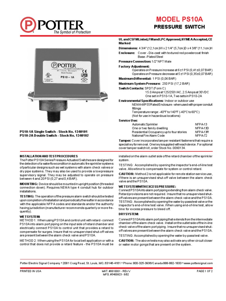 Potter Pressure Switch PDF Switch Fire Sprinkler System