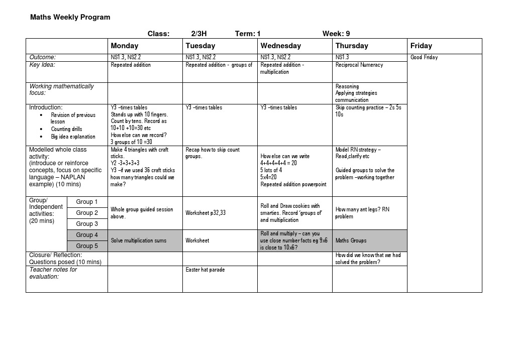Week 9 Maths Program for Class 2/3H | PDF