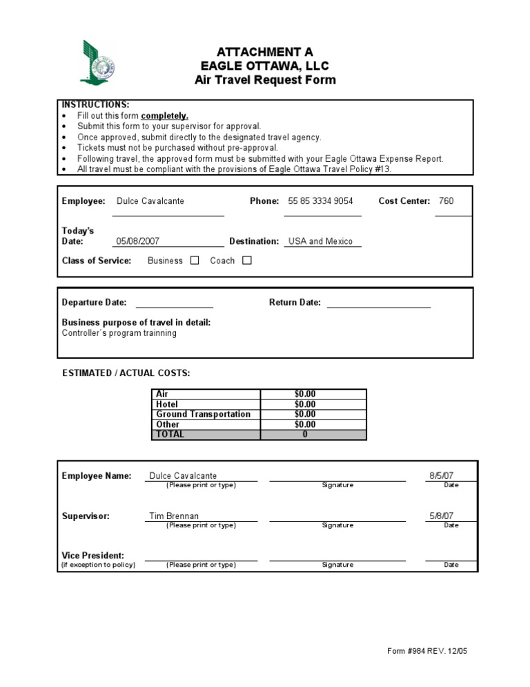 Eagle Ottawa Air Travel Request Form | PDF