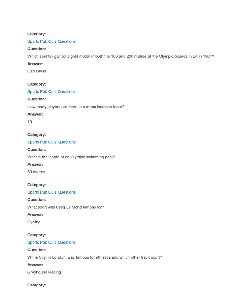 Sports Pub Quiz Questions Category PDF Athletic Sports Sports