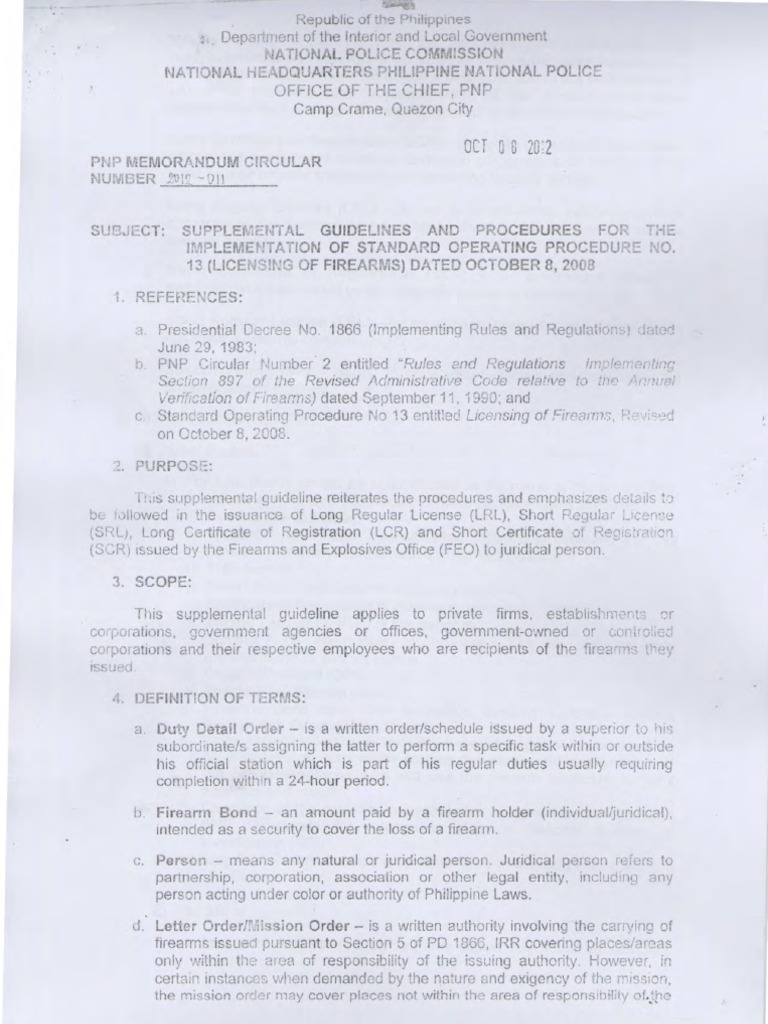 PNP Memorandum Circular 2012011 Security Guard Legal Personality