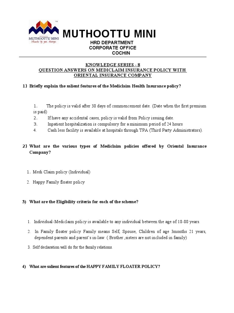 Knowledge Series 8 Mediclaim Insurance Policy With Oriental Insurance