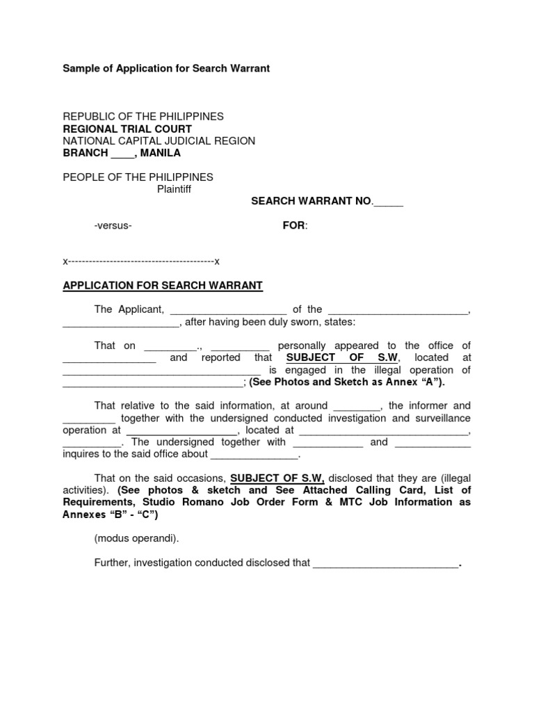 Application for Search Warrant Sample | PDF | Affidavit | Complaint