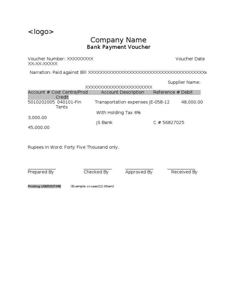 Bank Payment Voucher Format Payments Debits And Credits