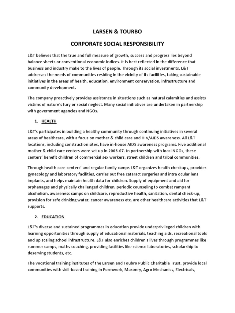 L&T's Comprehensive CSR Initiatives | PDF | Child Care | Relationships