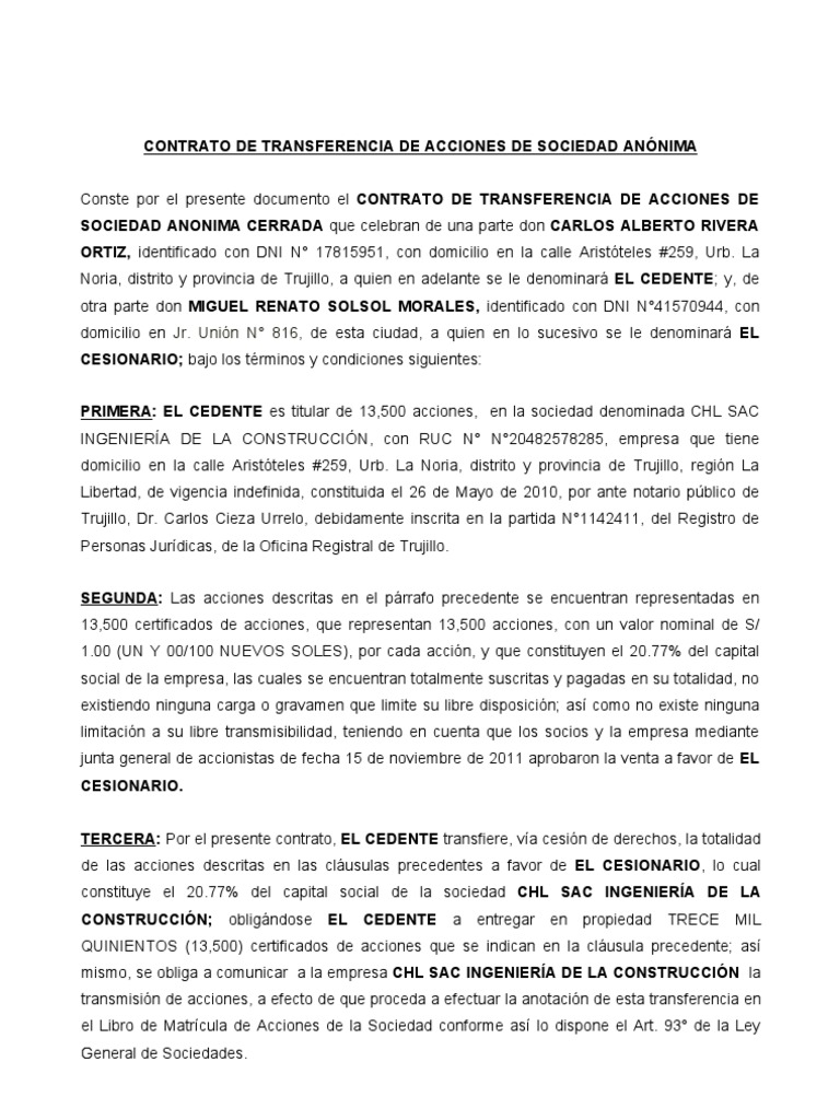 Contrato Transferencia de Acciones-CHL 01 | PDF | Compartir (Finanzas) |  Gobierno