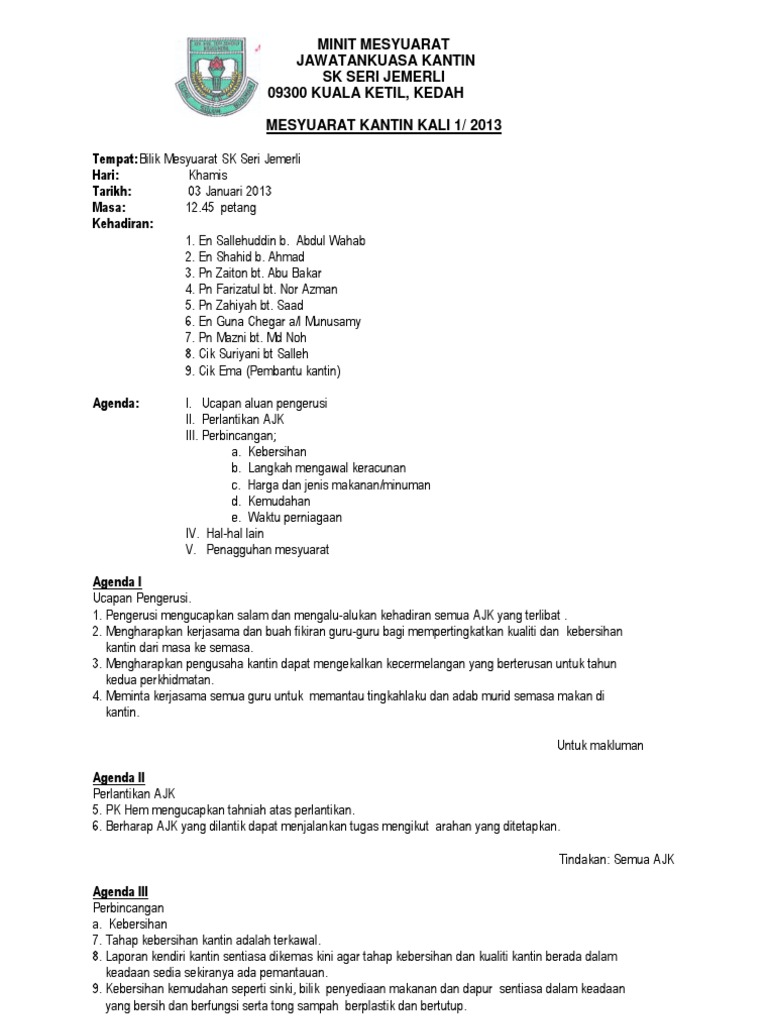 Mesyuarat Kafeteria Sk Seri Jemerli Pdf